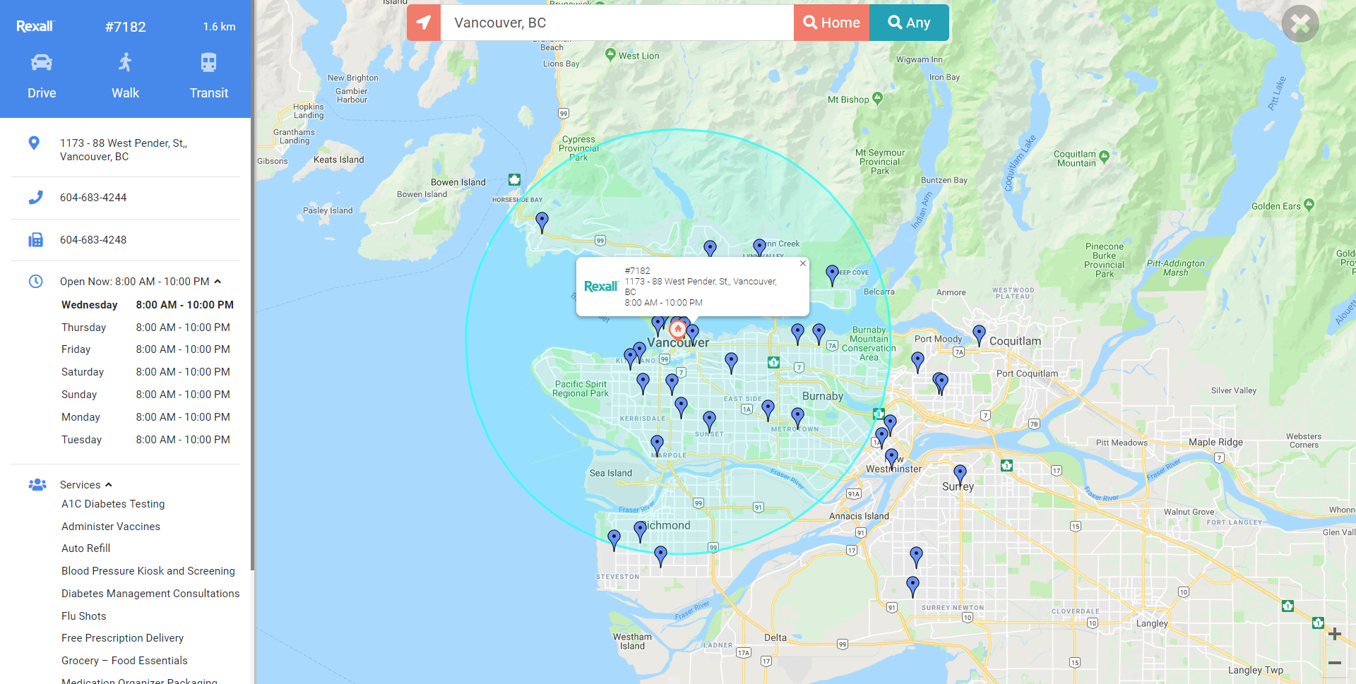 Carte Google montrant toutes les pharmacies du réseau Valeur-santé, y compris une pharmacie Rexall qui a été mise en évidence